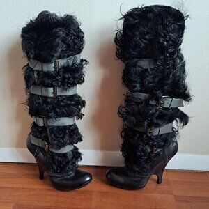 Roberto Cavalli Real Fur Leather Boots with Buckles Size 37